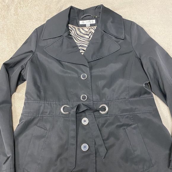 Via Spiga XL Womens Black Rain Coat Jacket Trench Animal Print Lining Belted - Picture 3 of 14